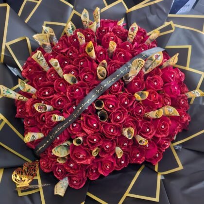 100 Glittered Roses with Diamontes Money Insert & Ribbon