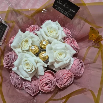 15 Pink & White Roses, 3 Ferrero Rocher Chocolates, Butterfly