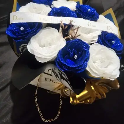 Royal 12 Royal Blue & White Roses with Diamontes, Crown & Ribbon