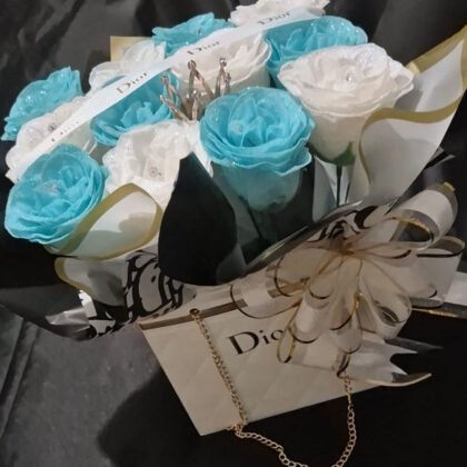 Tiffany Blue & White Dior Bag 12 Roses with Diamontes, Crown & Ribbon
