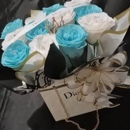 12 Tiffany Blue & White Roses with Diamontes, Crown & Ribbon