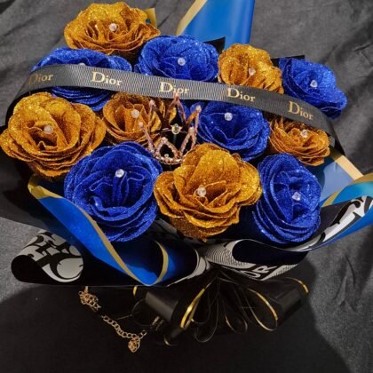 12 Gold and Blue roses, Diamontes,dior Ribbon, Crown