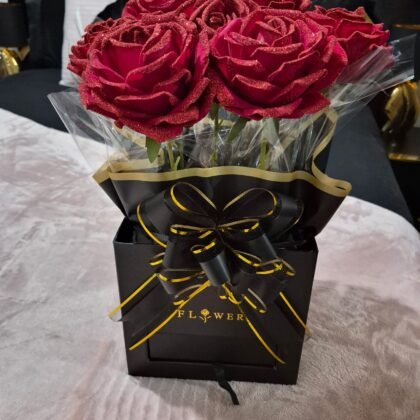 6 Large Roses Glittered Flower Box with 3 Ferrero Chocolates
