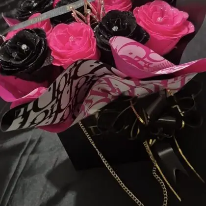 12 Midnight Black & Pink Candy Roses with Ribbon Crown & Diamontes