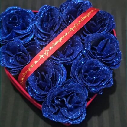 Small Heart Royal Blue shape gift box 10 Glittered Roses