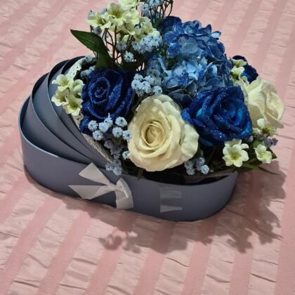Pearl White & Royal Blue Baby Basinet Bouquet