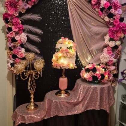 HIRE ONLY...NOT FOR SALE!  Artificial Semi Glittered Pink & Black  Rose Arch Complete Package