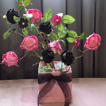 Pink & Black Glittered Rose Blossom Tree