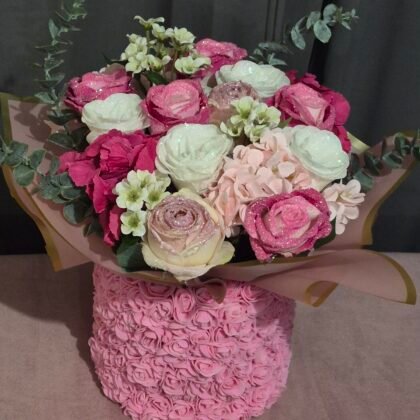 Pink & White Glittered Rose Bouquet In Handcrafted Mini Rosette Box