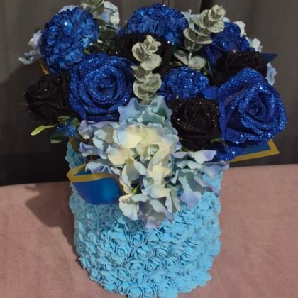 Royal Blue & Black Glittered Rose Bouquet set in Handcrafted Mini Rosette Box