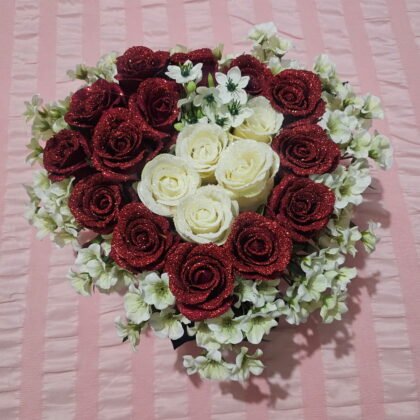 Small Ruby Red & White Glittered Roses in Red Velvet heart Box