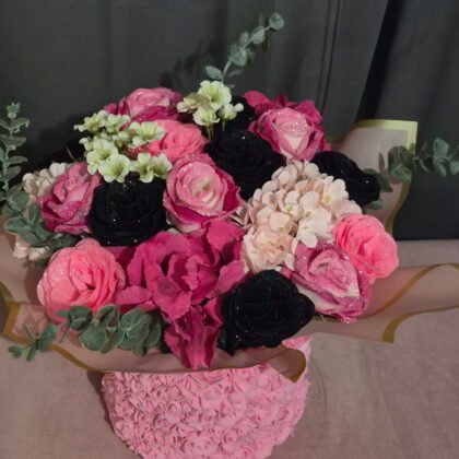 Pink & Black Glittered Rosette Box Bouquet