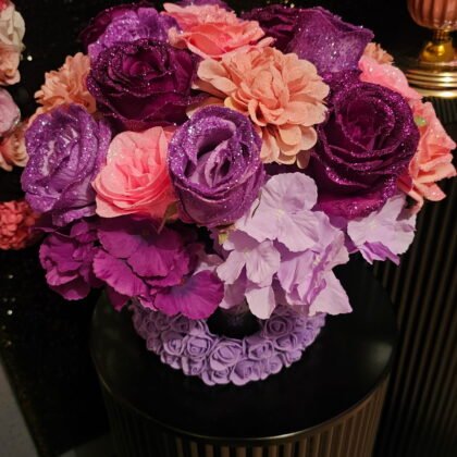Purple & Pink Glittered Roses in Mini Rosette Box